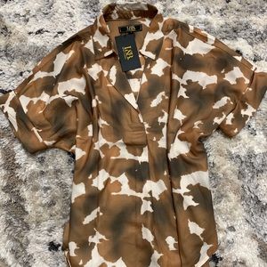 Brown cow print collared short sleeve